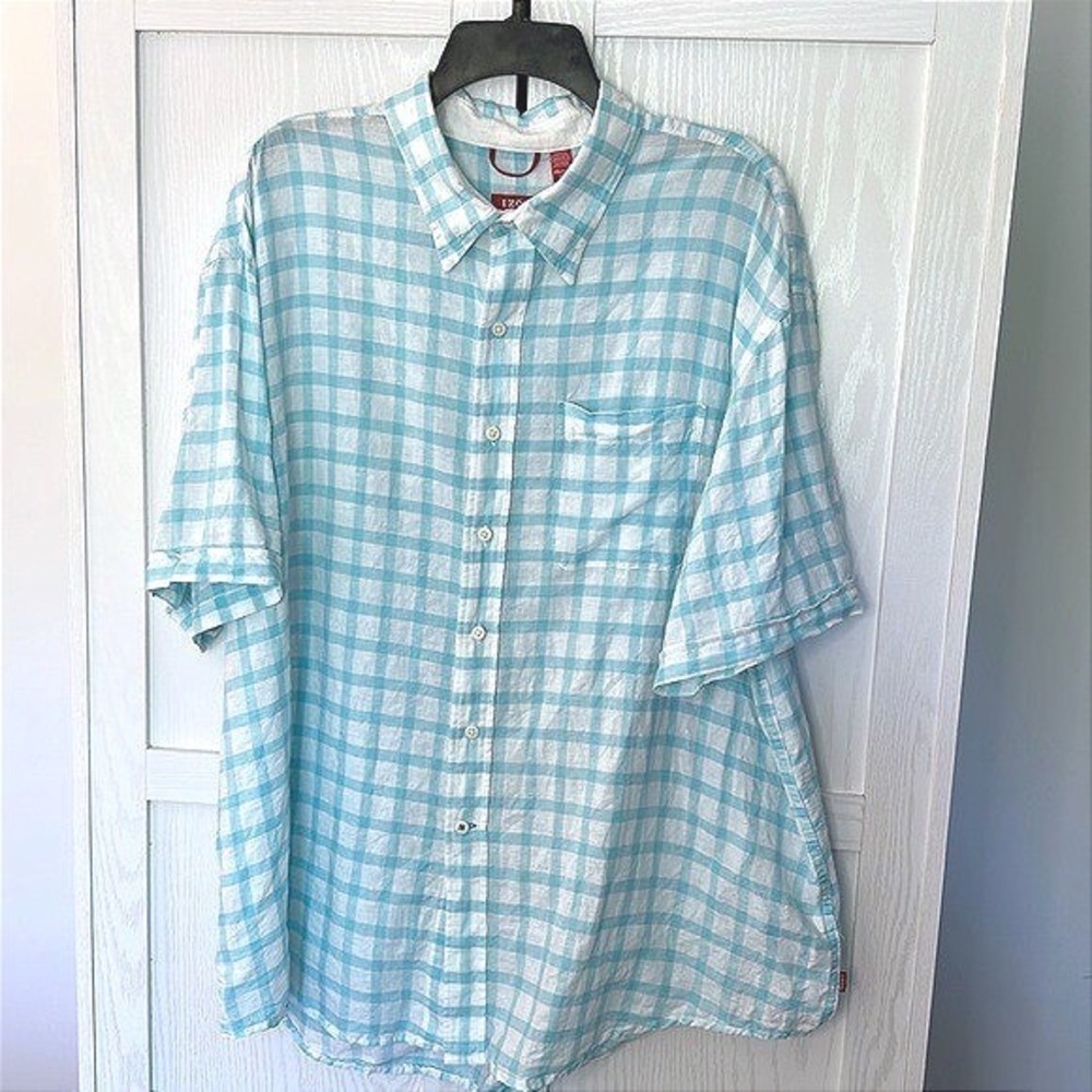 IZOD Men's Linen Blend Turquoise White Check Button Down Short Sleeve Shirt XXL‎